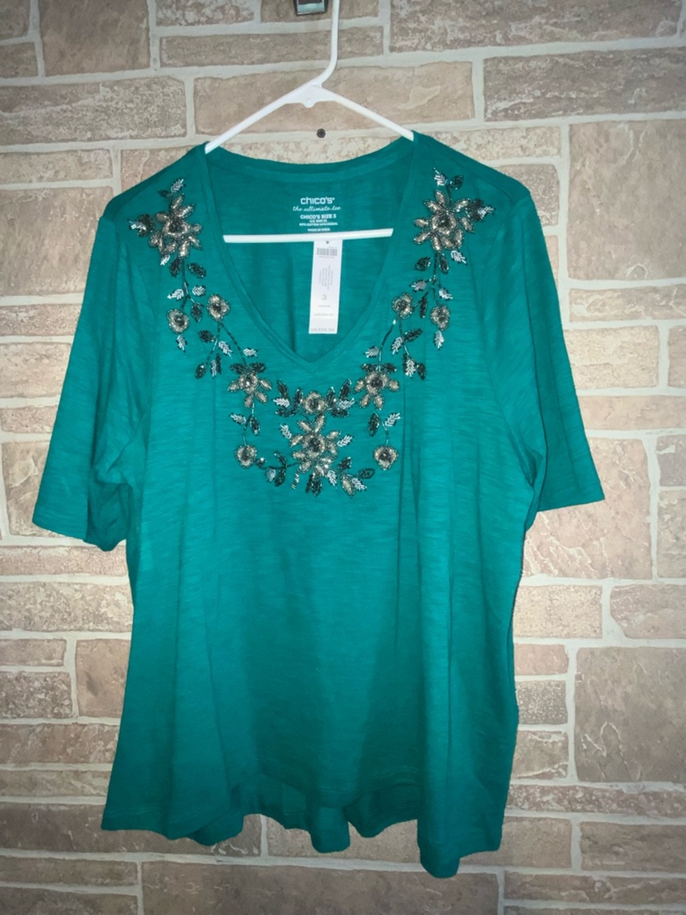 Chico's Teal Embellished V-Neck Short Sleeve Top